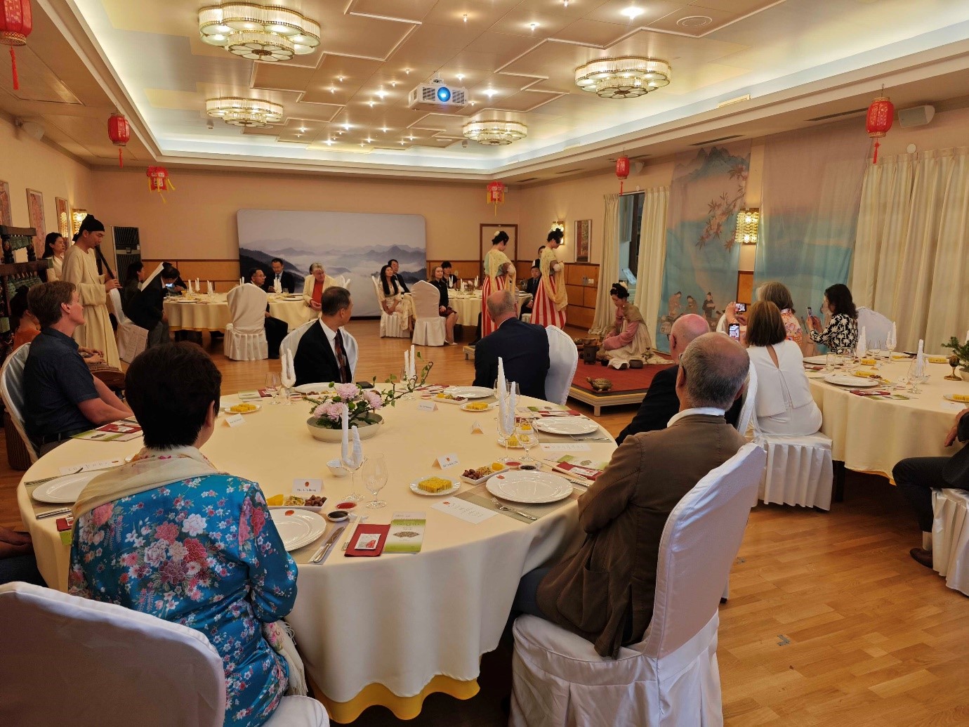 来宾们观赏茶艺表演和品尝中华美食。中国驻瑞典大使馆供图